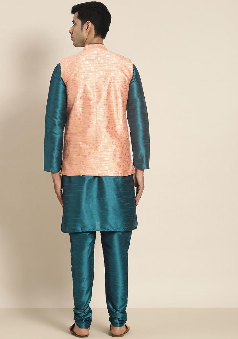 Teal Blue Solid Poly Blend Kurta Set For Men