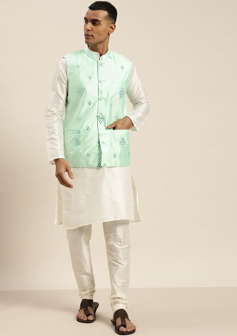 Off White Solid Silk Kurta Set For Men
