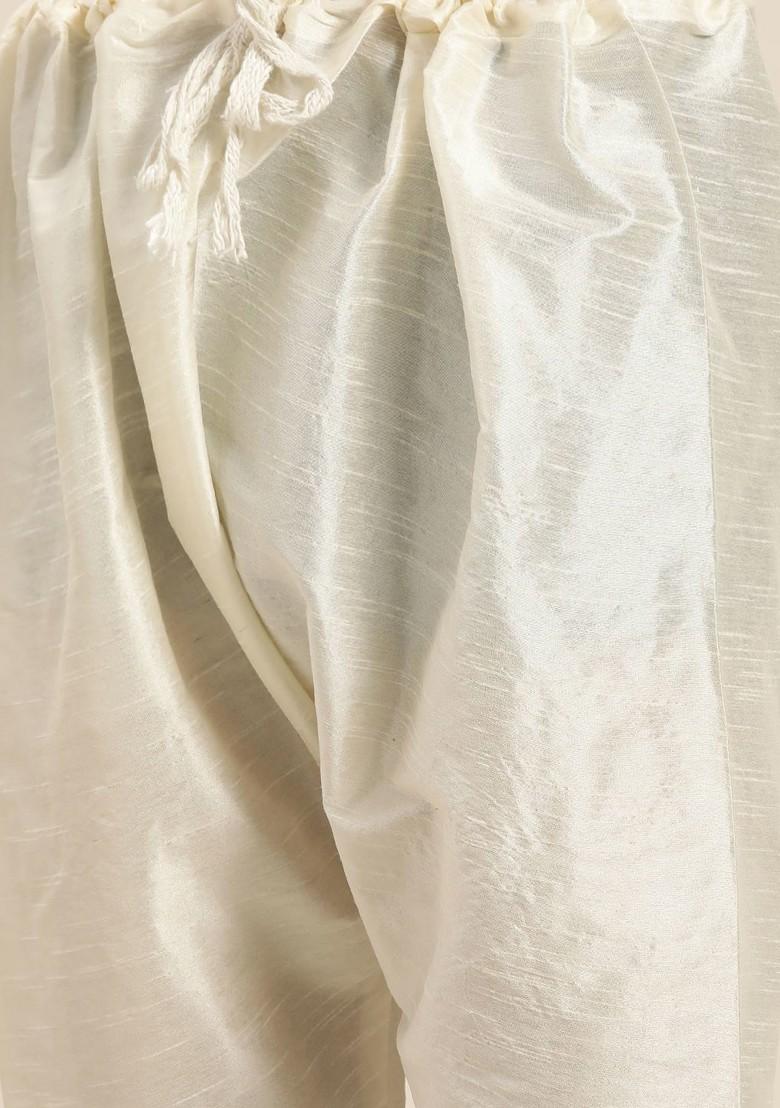 Off White Solid Silk Kurta Set For Men