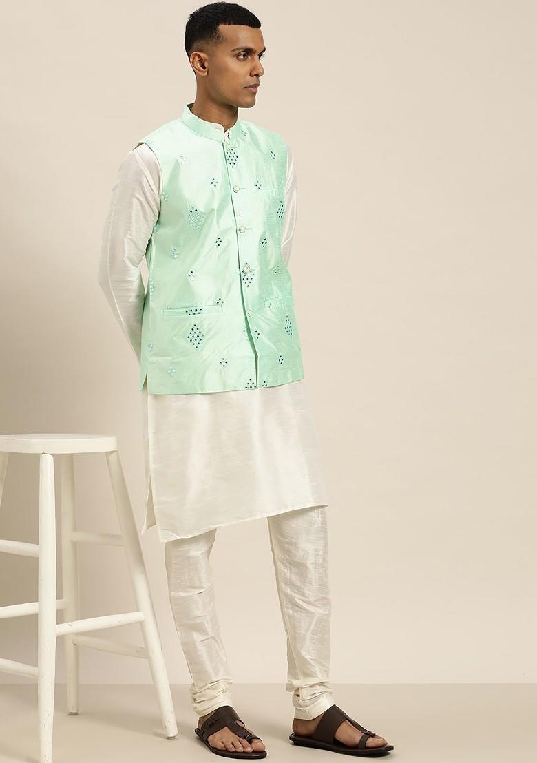 Off White Solid Silk Kurta Set For Men