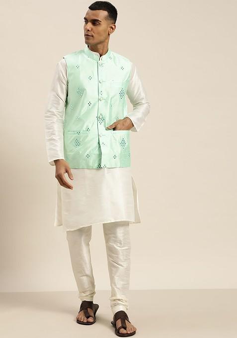 Off White Solid Silk Kurta Set For Men