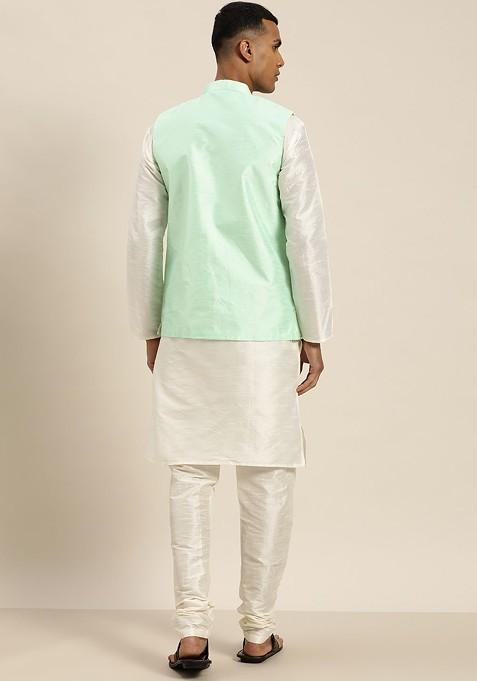 Off White Solid Silk Kurta Set For Men