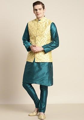 Green Thread Work Poly Blend Kurta Set For Men