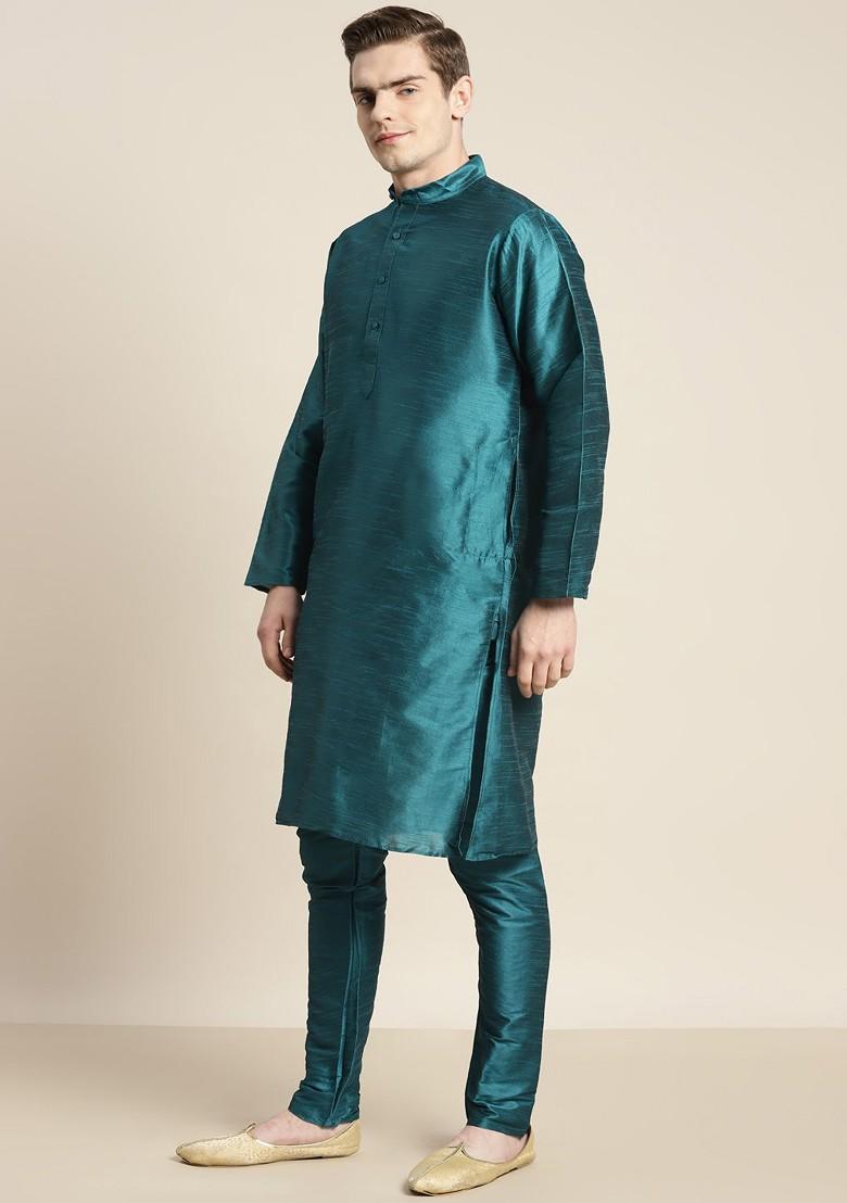 Green Thread Work Poly Blend Kurta Set For Men