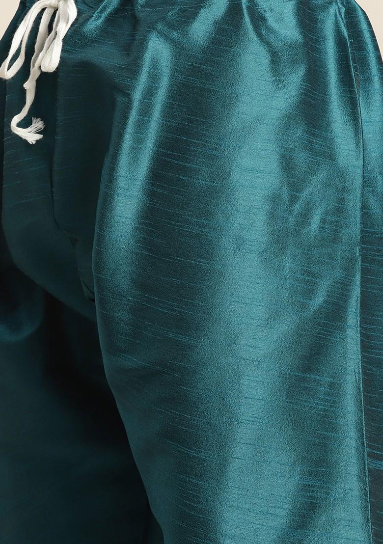 Green Thread Work Poly Blend Kurta Set For Men