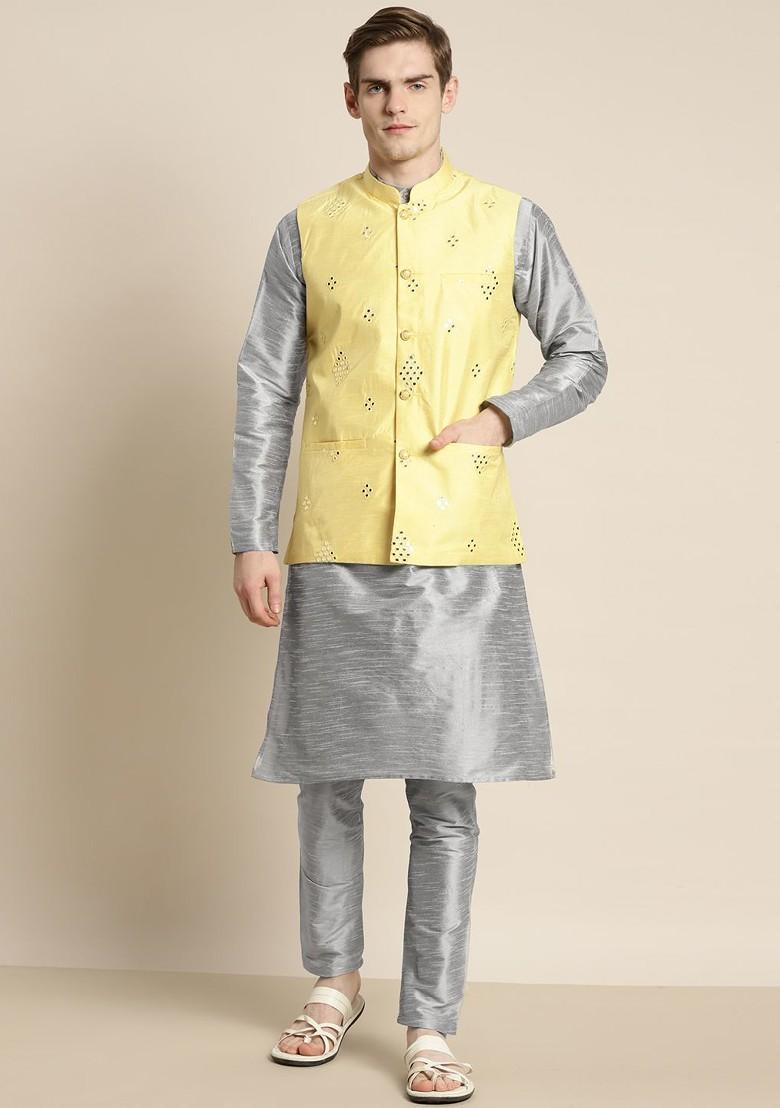 Grey Mirror Work Poly Blend Kurta Set For Men