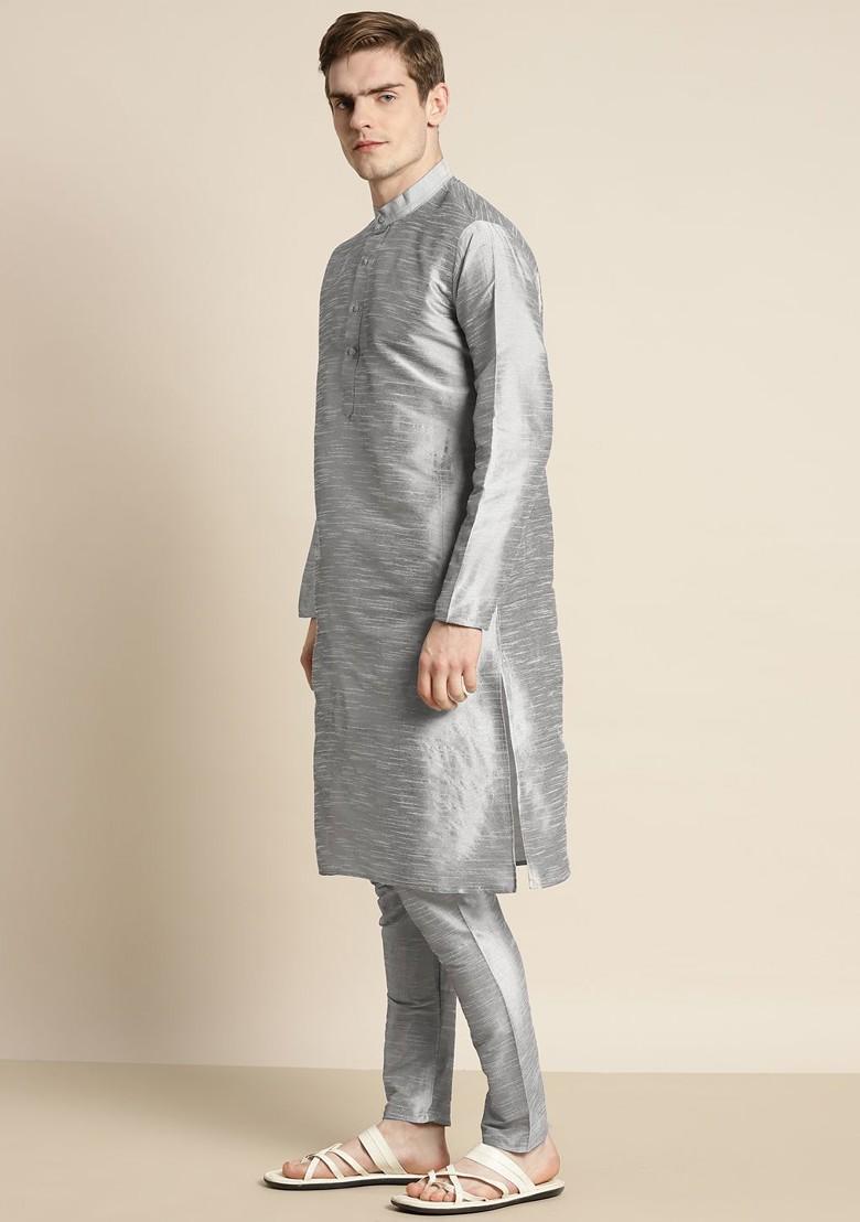 Grey Mirror Work Poly Blend Kurta Set For Men