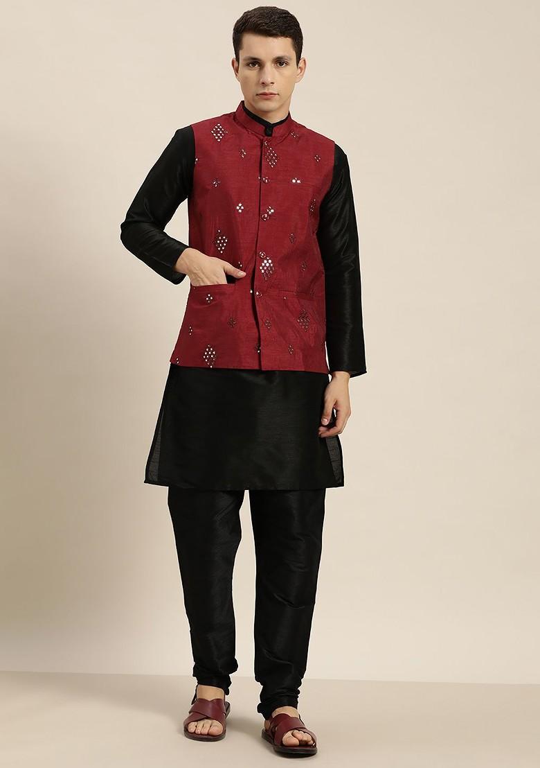 Black Mirror Work Poly Blend Kurta Set For Men
