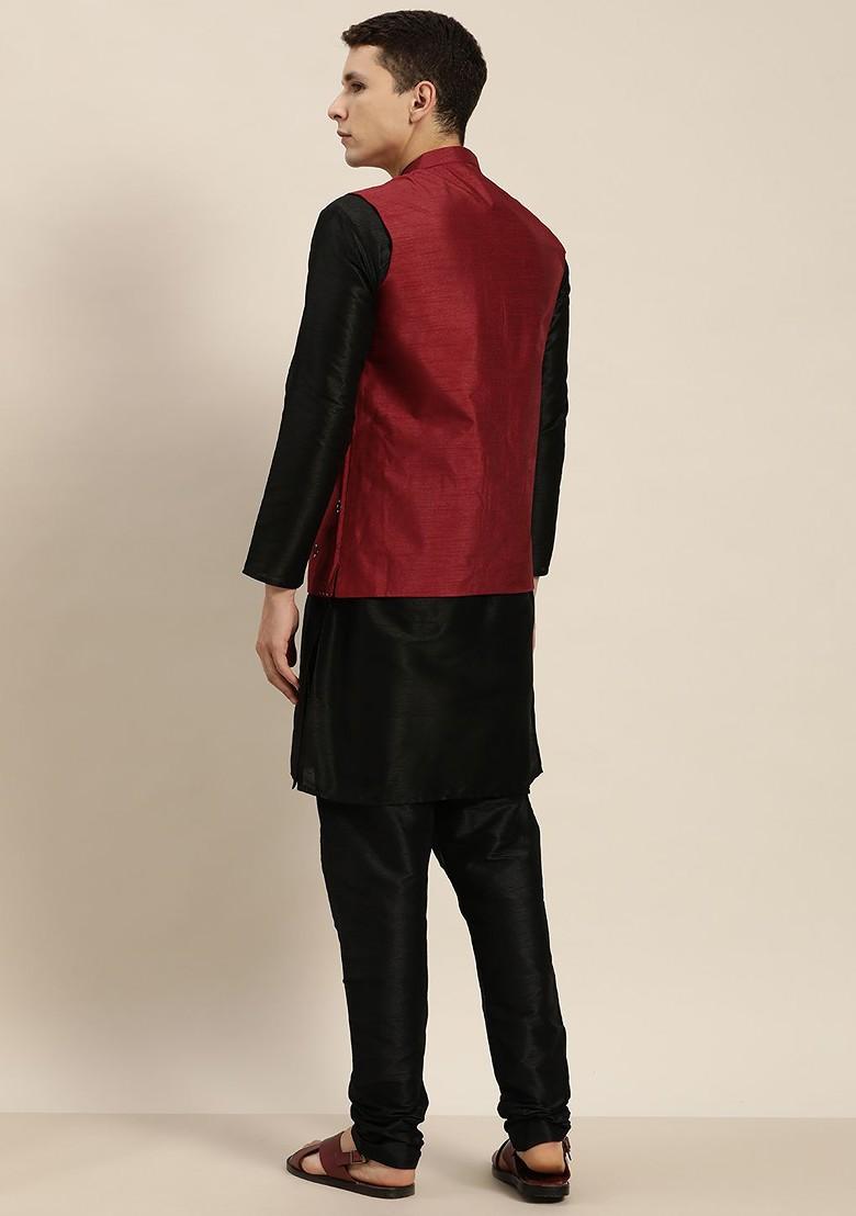 Black Mirror Work Poly Blend Kurta Set For Men