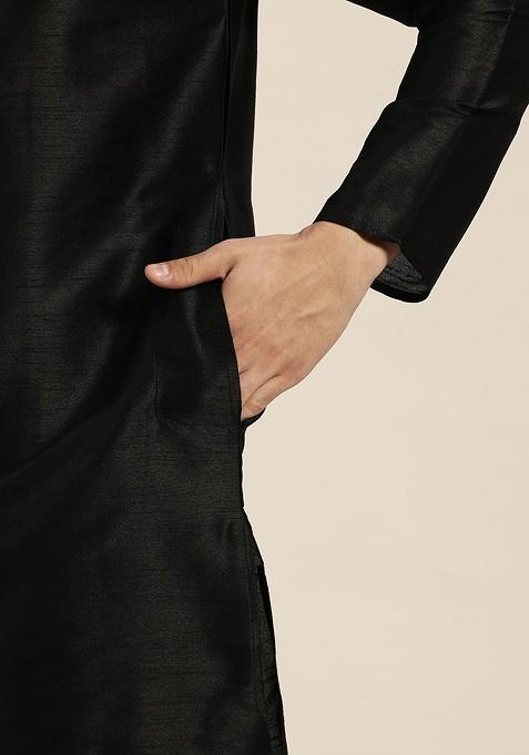 Black Mirror Work Poly Blend Kurta Set For Men