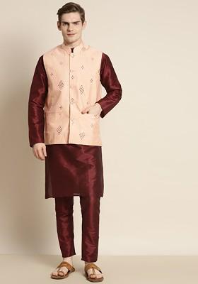 Maroon Mirror Work Poly Blend Kurta Set For Men