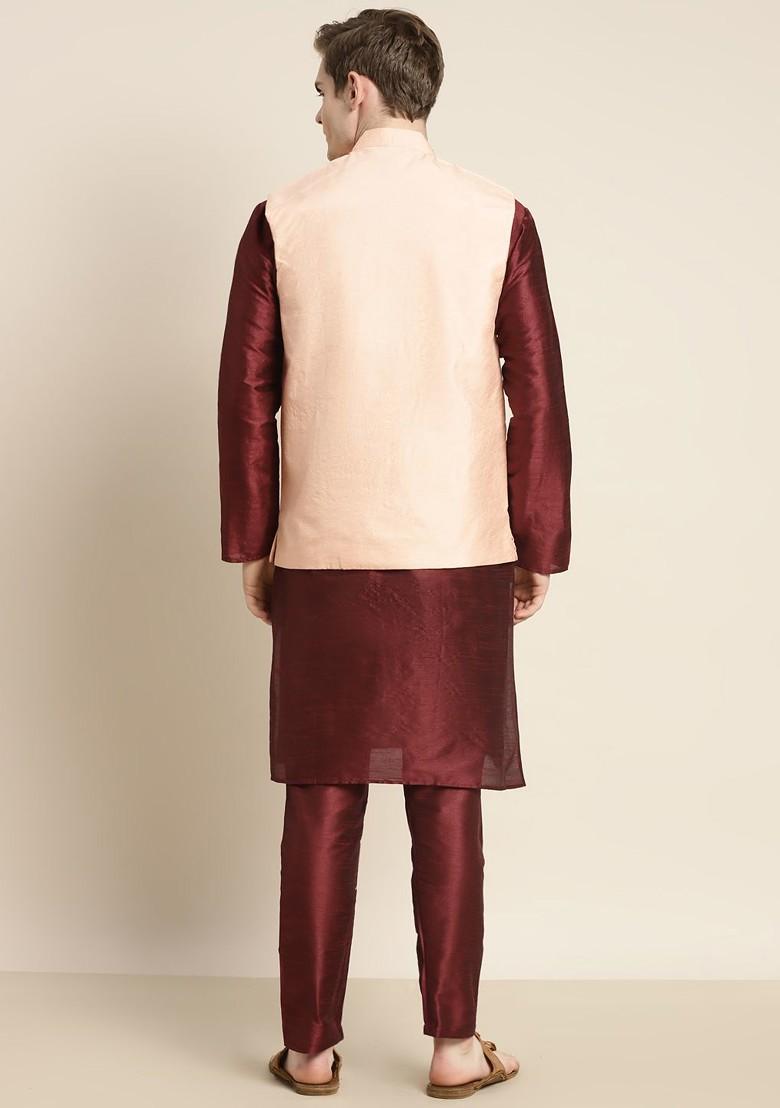Maroon Mirror Work Poly Blend Kurta Set For Men