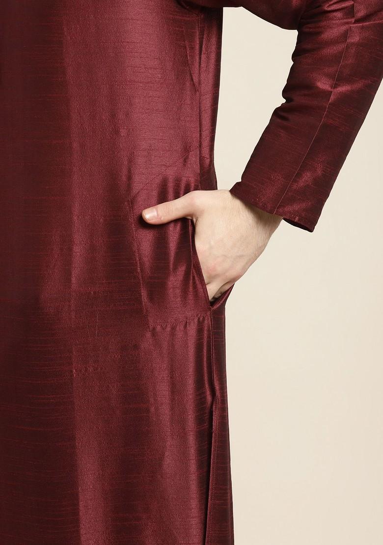 Maroon Mirror Work Poly Blend Kurta Set For Men