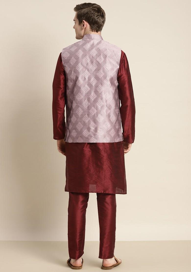 Maroon Solid Poly Blend Kurta Set For Men