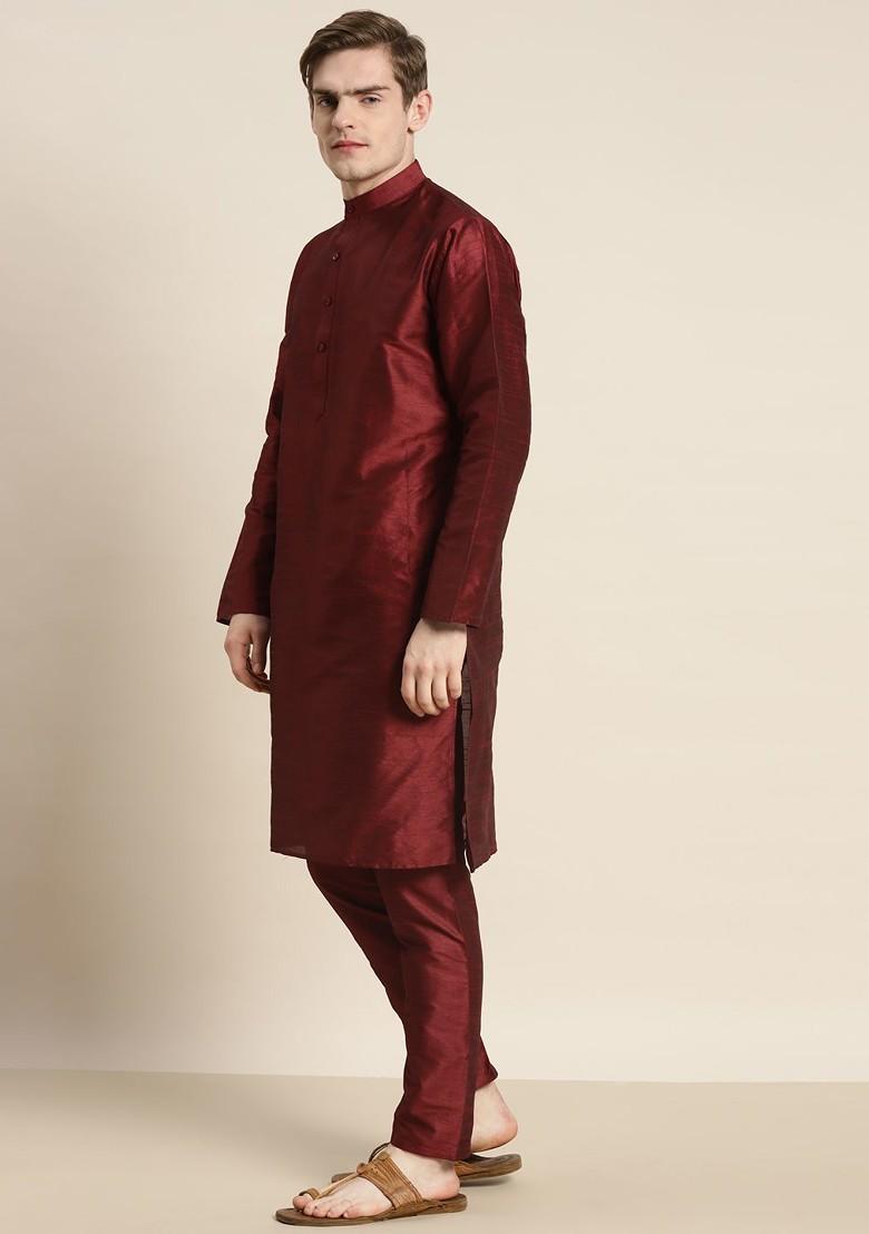 Maroon Solid Poly Blend Kurta Set For Men