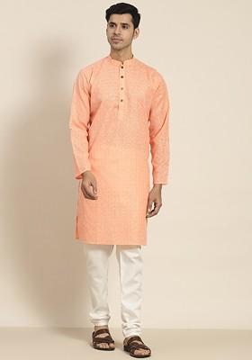 Peach Solid Poly Blend Kurta Set For Men