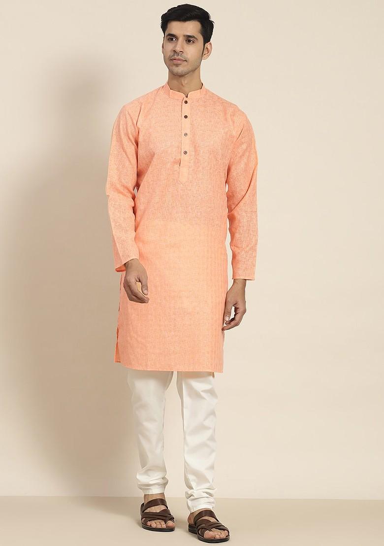 Peach Solid Poly Blend Kurta Set For Men