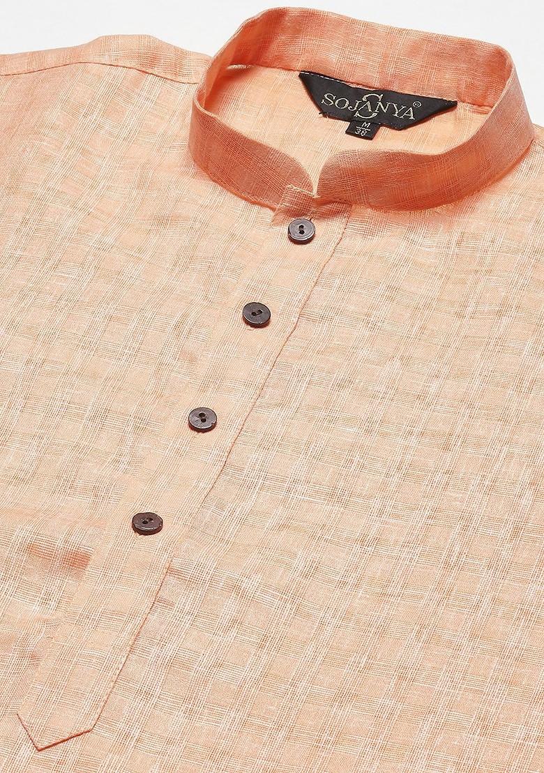 Peach Solid Poly Blend Kurta Set For Men