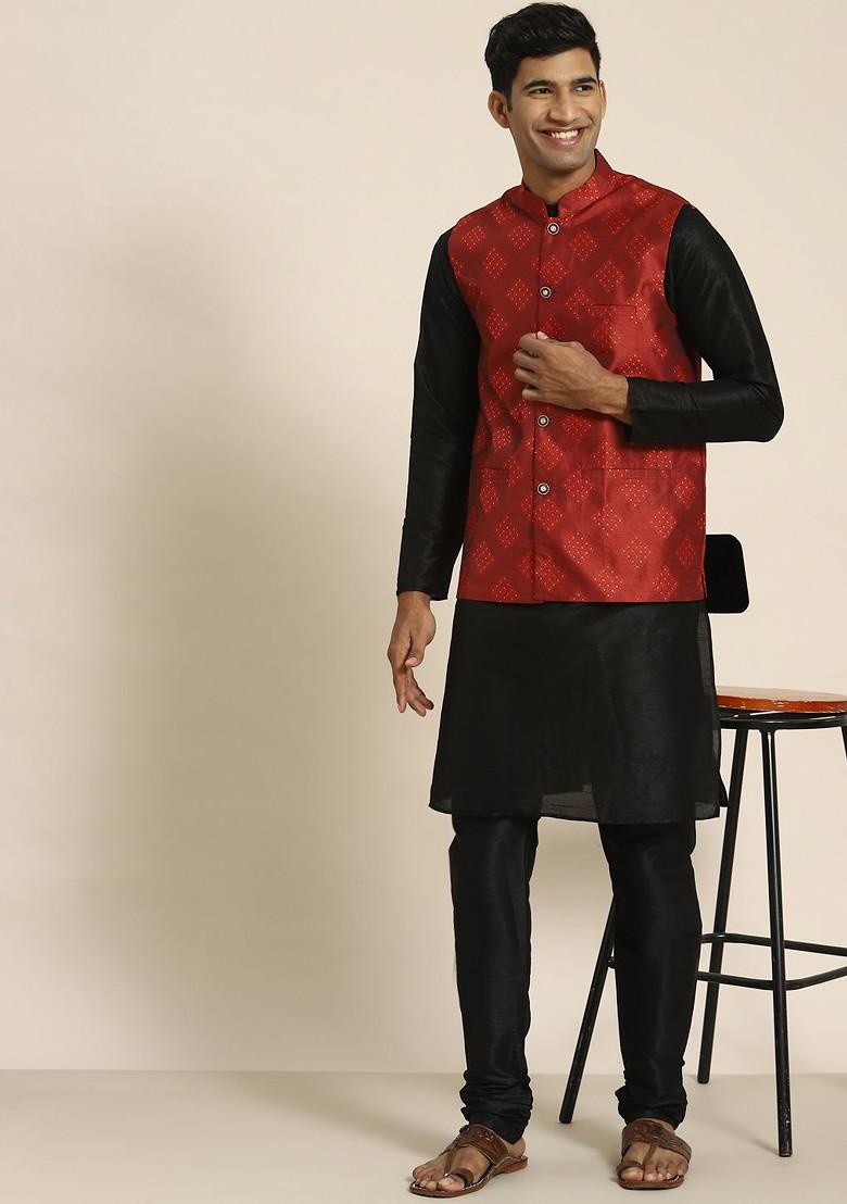 Black Solid Poly Blend Kurta Set For Men