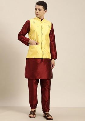 Maroon Mirror Work Poly Blend Kurta Set For Men