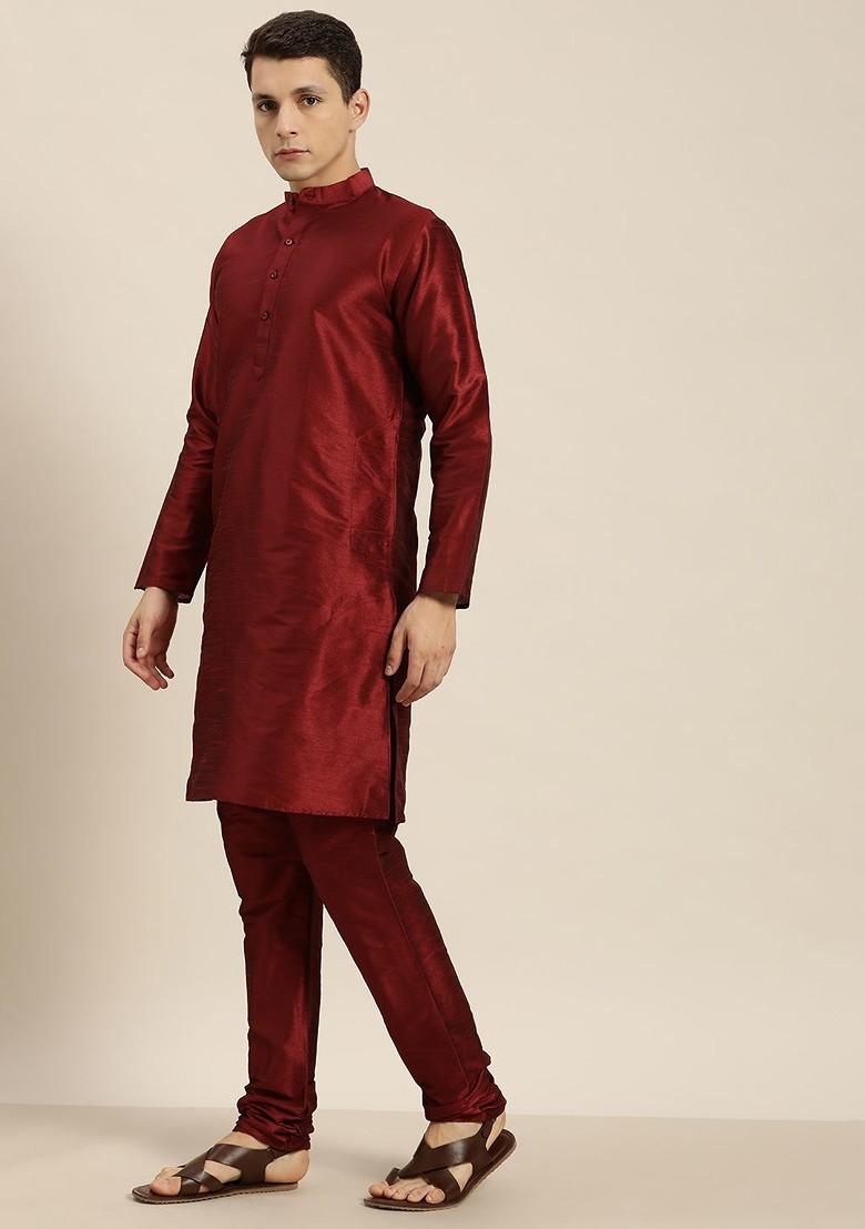 Maroon Mirror Work Poly Blend Kurta Set For Men