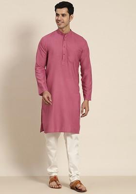 Coral Pink Solid Poly Blend Kurta Set For Men