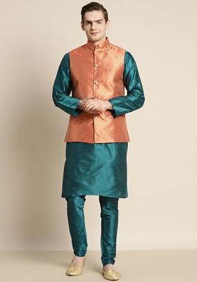 Teal Blue Ethnic Motifs Poly Blend Kurta Set For Men