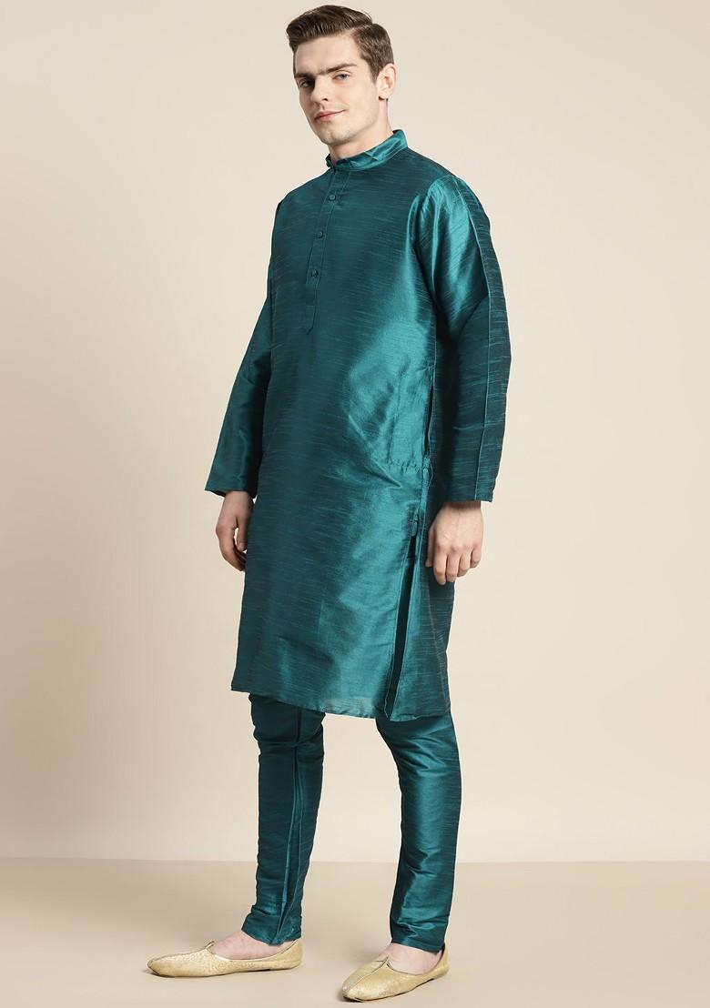 Teal Blue Ethnic Motifs Poly Blend Kurta Set For Men