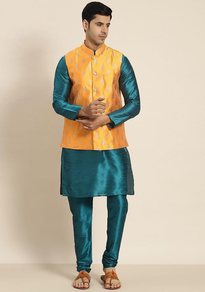 Teal Blue Solid Poly Blend Kurta Set For Men