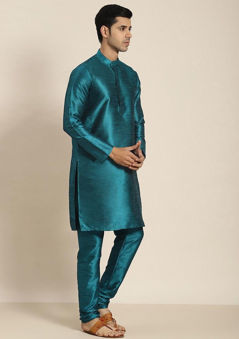 Teal Blue Solid Poly Blend Kurta Set For Men