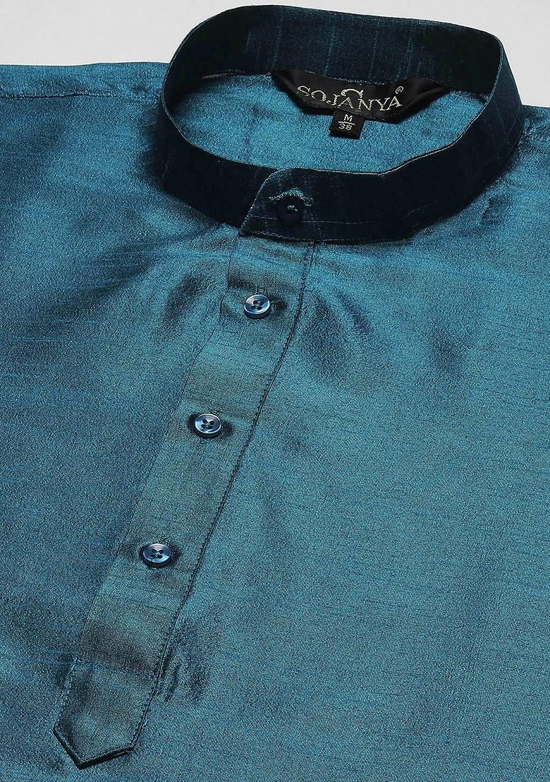 Teal Blue Solid Poly Blend Kurta Set For Men