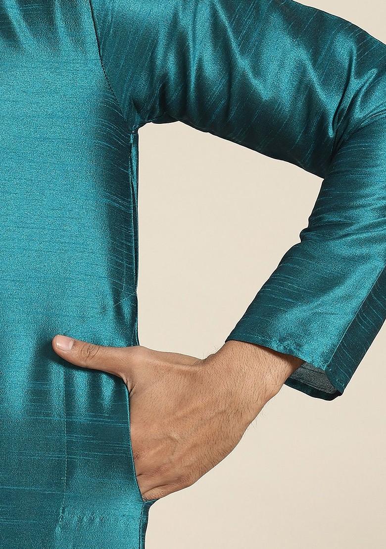 Teal Blue Solid Poly Blend Kurta Set For Men