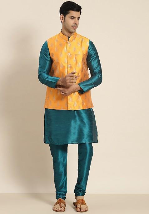Teal Blue Solid Poly Blend Kurta Set For Men