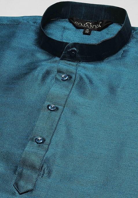 Teal Blue Solid Poly Blend Kurta Set For Men
