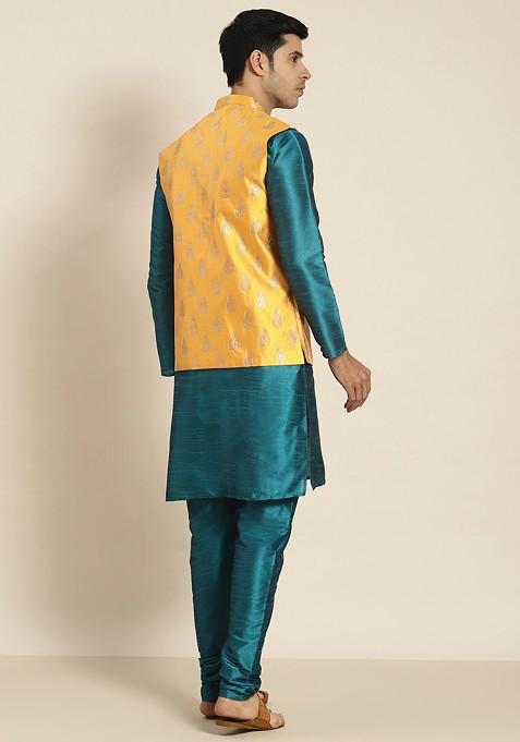 Teal Blue Solid Poly Blend Kurta Set For Men