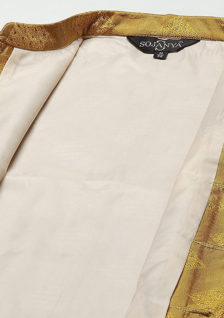 Cream Solid Poly Blend Kurta Set For Men