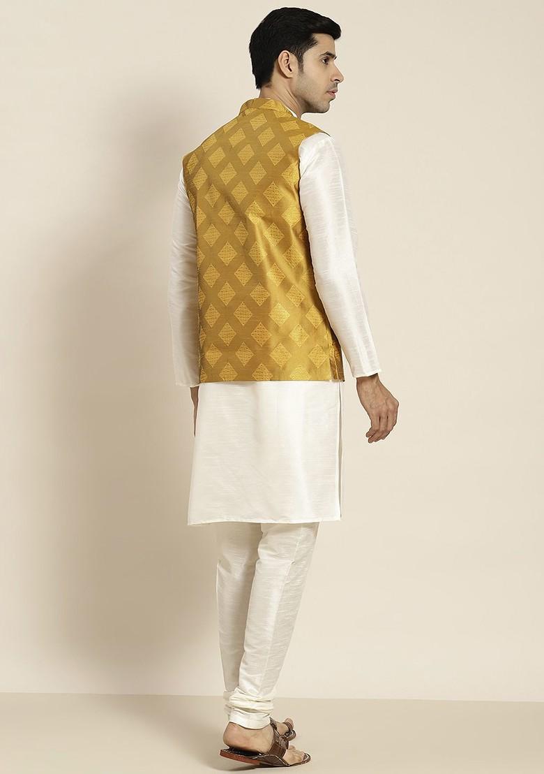 Cream Solid Poly Blend Kurta Set For Men