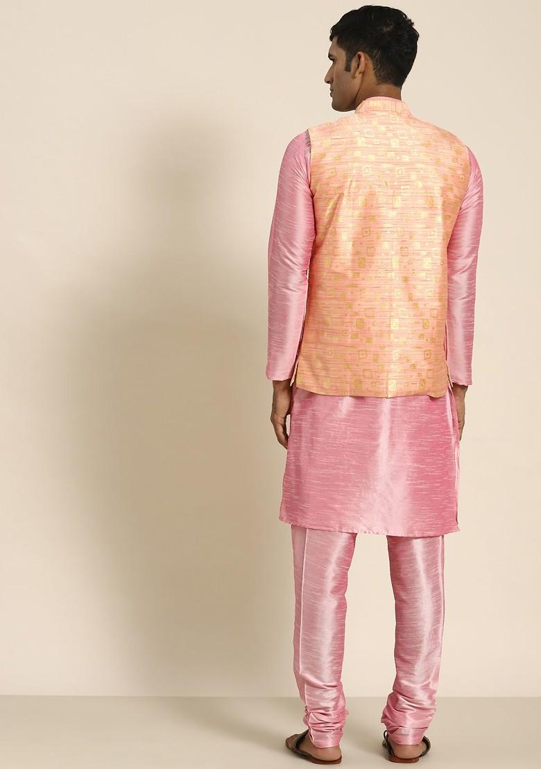 Pink Solid Poly Blend Kurta Set For Men