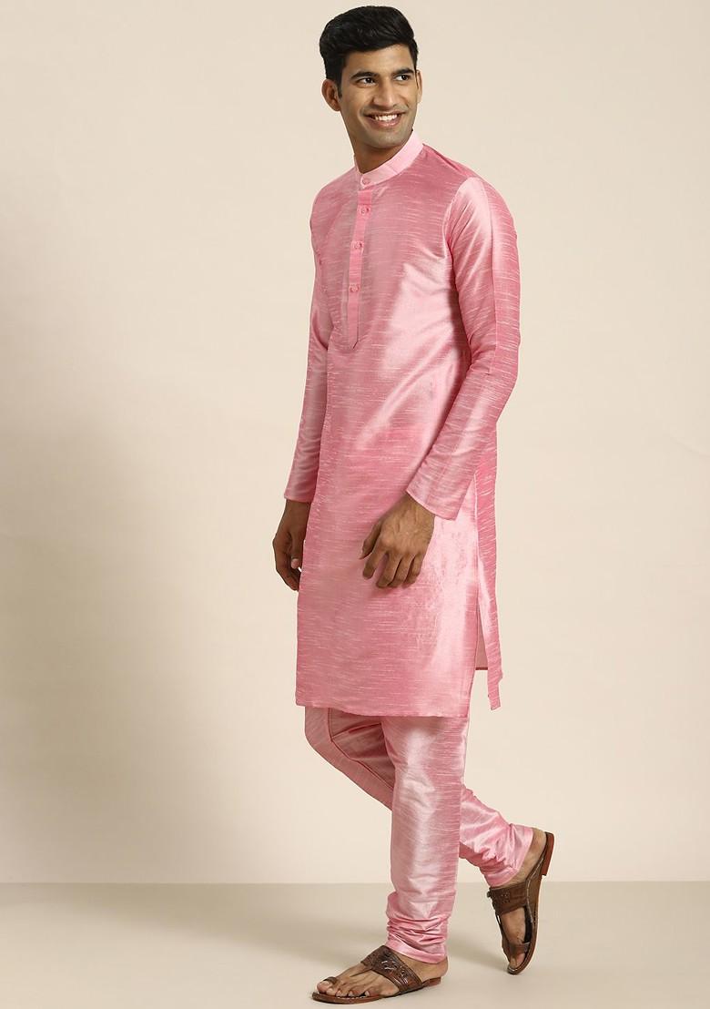 Pink Solid Poly Blend Kurta Set For Men