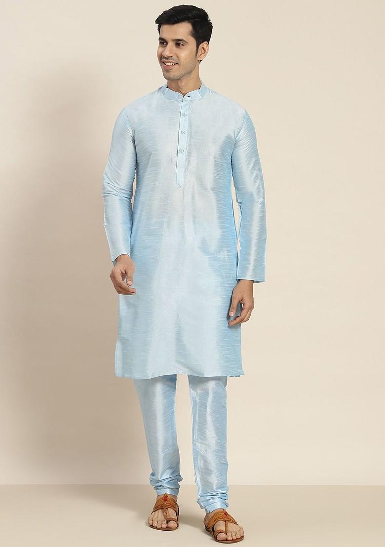 Blue Solid Poly Blend Kurta Set For Men