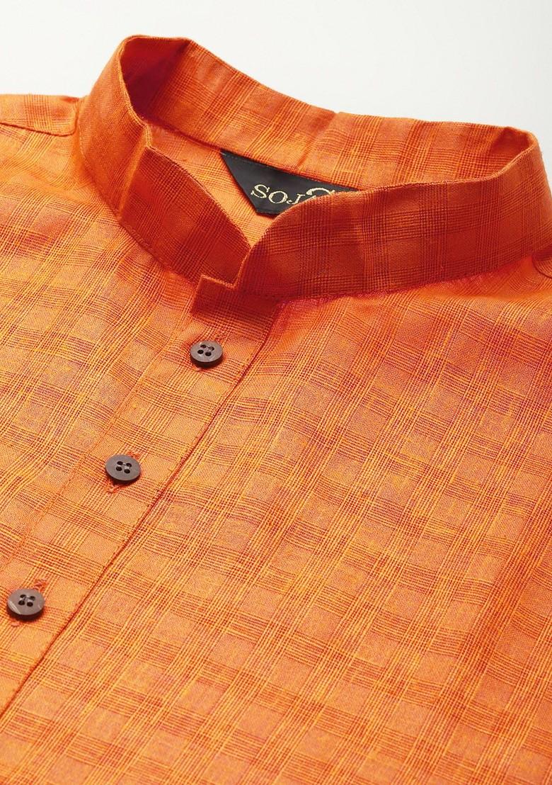 Orange Solid Poly Blend Kurta Set For Men