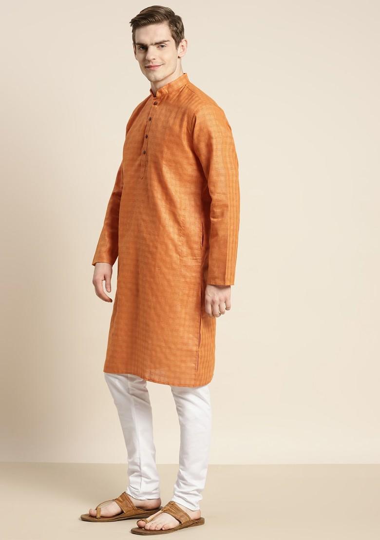 Orange Solid Poly Blend Kurta Set For Men