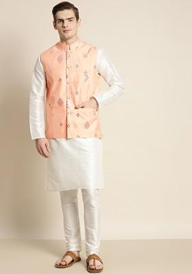 Off White Embroidered Poly Blend Kurta Set For Men