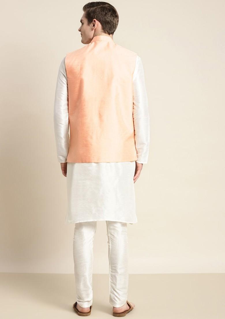 Off White Embroidered Poly Blend Kurta Set For Men