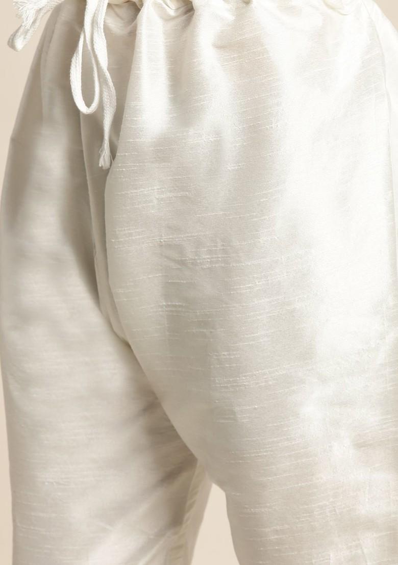 Off White Embroidered Poly Blend Kurta Set For Men