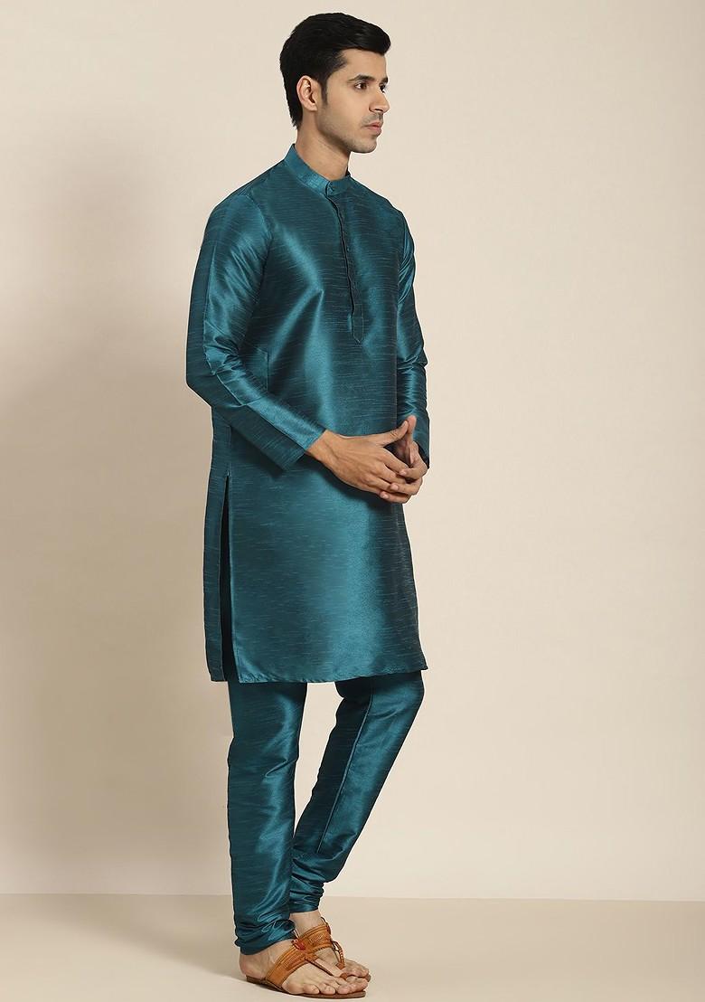 Teal Blue Mirror Work Poly Blend Kurta Set For Men
