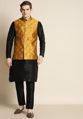 Black Ethnic Motifs Silk Kurta Set For Men