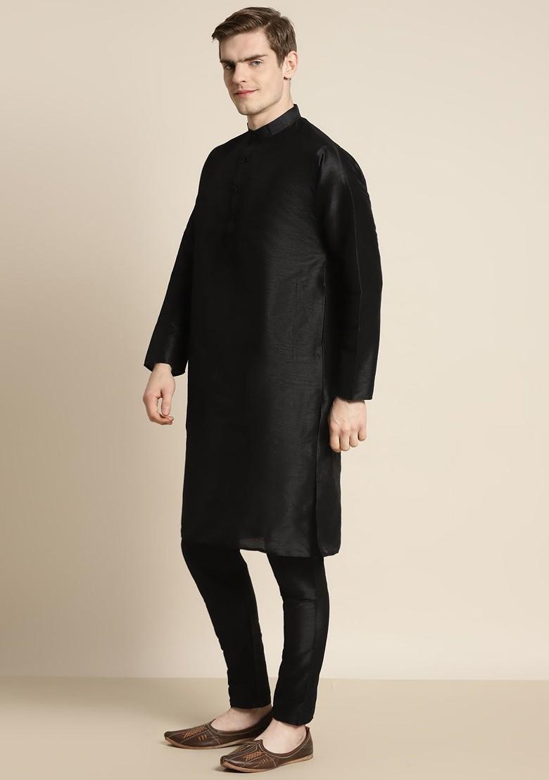 Black Ethnic Motifs Silk Kurta Set For Men