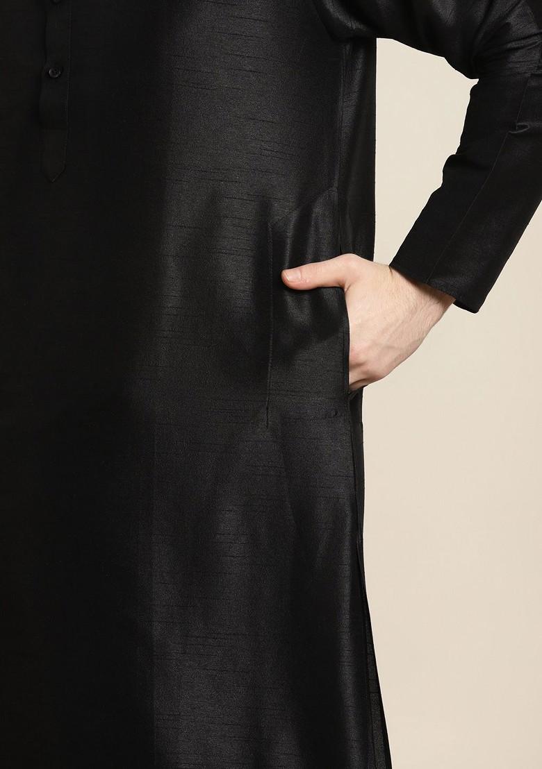 Black Ethnic Motifs Silk Kurta Set For Men
