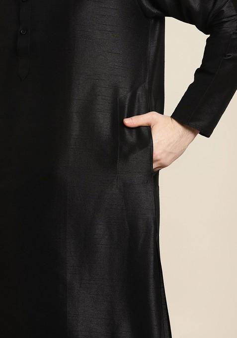 Black Ethnic Motifs Silk Kurta Set For Men